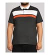 Thumbnail Model wearing the charcoal striped polo shirt.