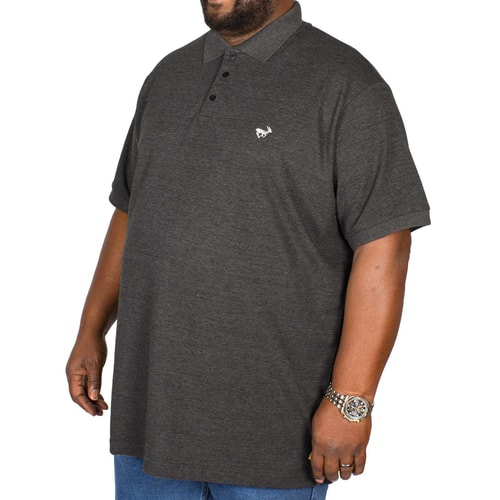 Charcoal short sleeve polo shirt, angled front view.