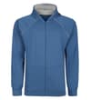 Blue zip-up raglan hoody with contrast trim, front view.
