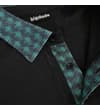 Thumbnail Close-up of black polo with patterned collar and placket.
