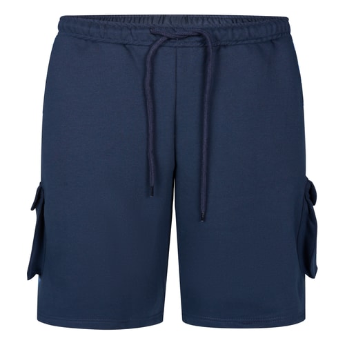 Front view of navy cargo shorts with drawstring waist.