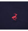 Thumbnail Close-up of red embroidered stag logo on navy fabric.