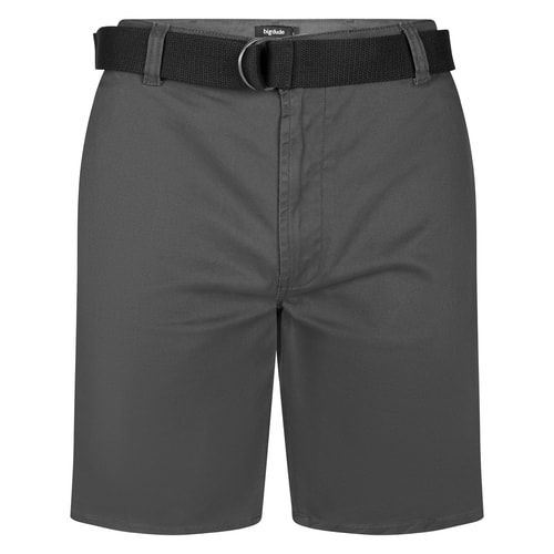 Charcoal chino shorts with black D-ring belt, front view.