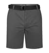 Charcoal chino shorts with black D-ring belt, front view.