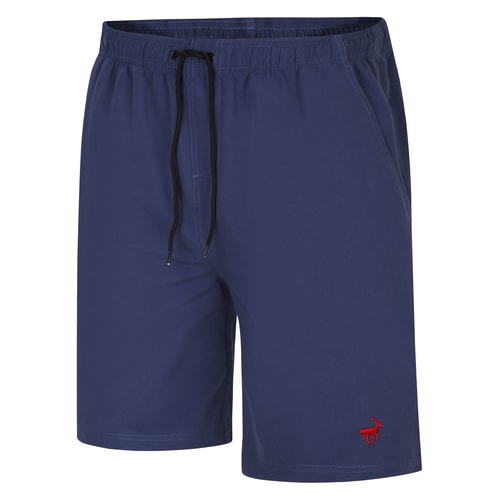 Navy swim shorts angled front view with side pockets.