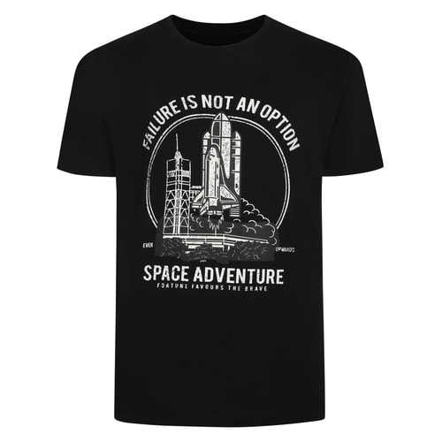 Black T-shirt with white Space Adventure rocket front print.