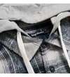 Thumbnail Close-up of the grey hood with white drawstrings and collar.