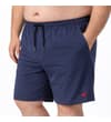 Thumbnail Navy swim shorts worn on model with hand in pocket.