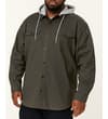 Thumbnail Olive hooded overshirt worn on model, angled front view.
