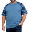 Thumbnail Blue raglan camo T-shirt worn with jeans.