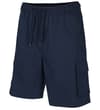 Thumbnail Angled front view of navy cargo shorts with side zip pocket.