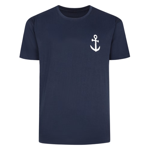 Navy crew neck T-shirt with white anchor chest print.