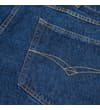 Thumbnail Blue denim jeans back pocket close-up.
