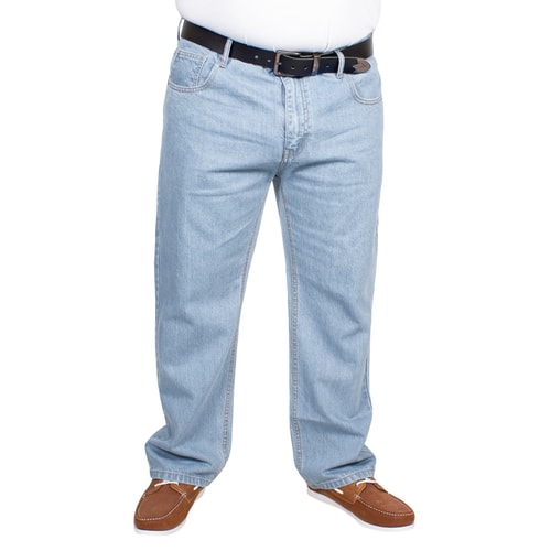 Front view of light blue straight leg jeans worn.