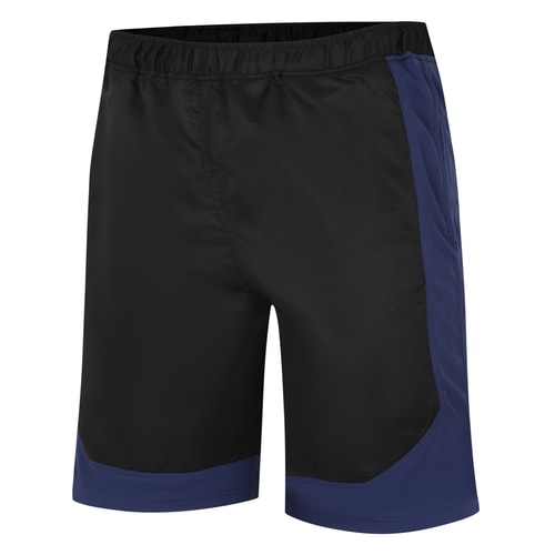 Black gym shorts with navy contrast panels, angled front view.