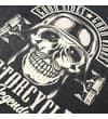 Thumbnail Close-up of skull and motorcycle print on washed black fabric.