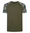 Flat front view of khaki raglan T-shirt with camo sleeves.