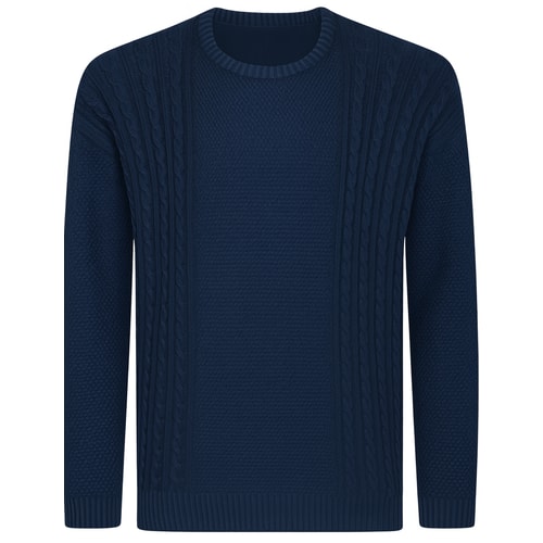 Navy cable knit crew neck sweatshirt, front view.