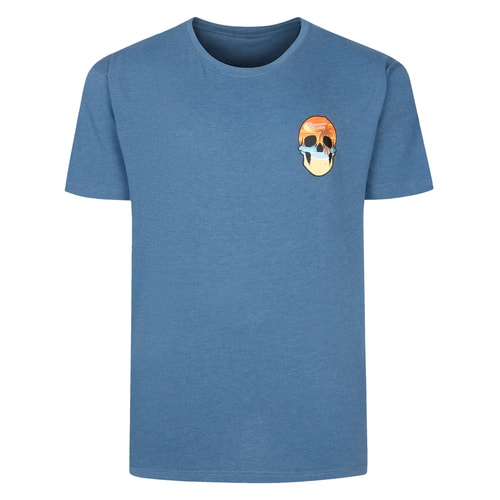 Denim marl crew neck T-shirt with small skull chest print.