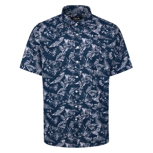 Deep blue tropical leaf short sleeve shirt, front view.