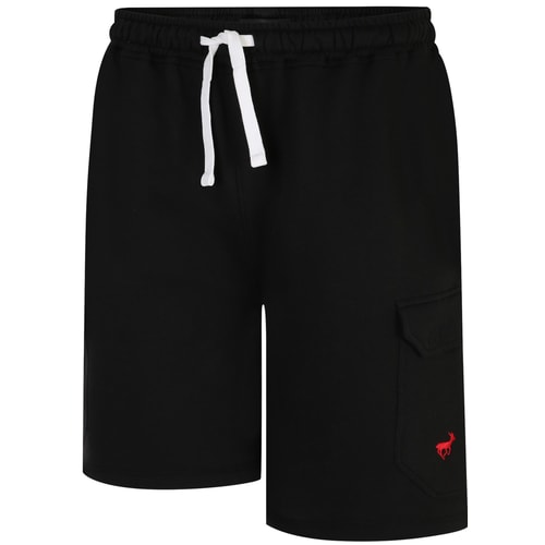 Black cargo shorts front angled view with red embroidery.