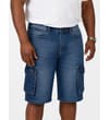 Thumbnail Dark wash denim cargo shorts worn from the front.