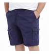 Thumbnail Navy cargo shorts worn, front view with side pockets.