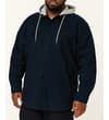 Thumbnail Model wearing the navy hooded overshirt, front view.
