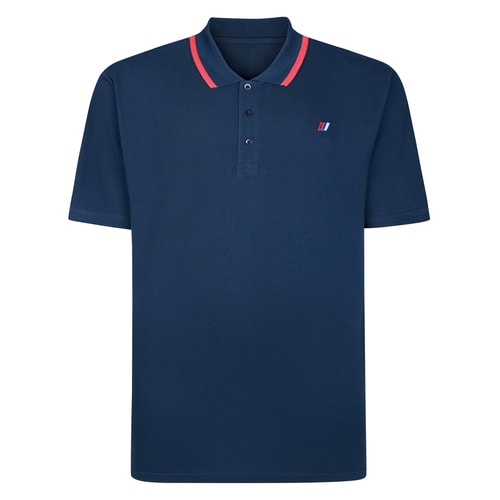 Front view of navy polo shirt with red tipped collar.