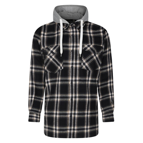 Black and beige checked hooded flannel shirt, front flat view.