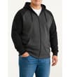 Thumbnail Model wearing charcoal zip hoodie with black raglan sleeves.