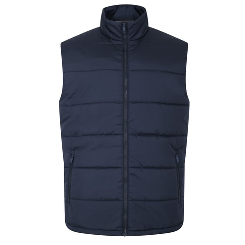 Navy padded vest, front flat view with full zip.