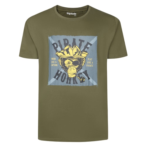 Khaki crew neck T-shirt with large pirate monkey front print.