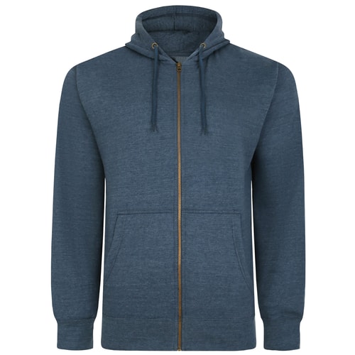 Front view of dark denim full zip hoody with pockets.