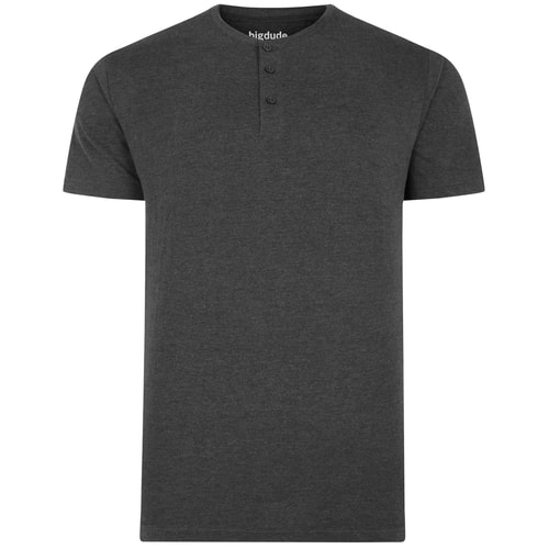 Dark charcoal short sleeve henley T-shirt, front view.