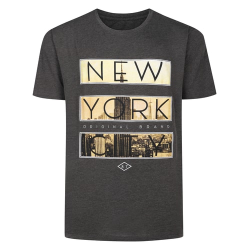 Charcoal crew neck T-shirt with large New York print front.