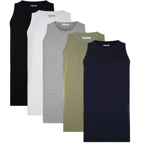 Five plain tall tank tops in black, white, grey, khaki and navy.