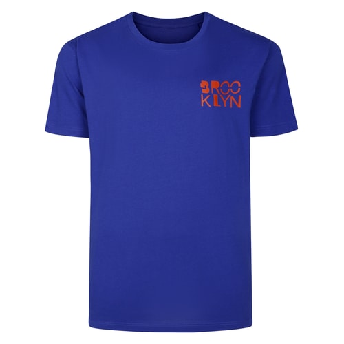 Cobalt blue T-shirt front with small Brooklyn chest print.
