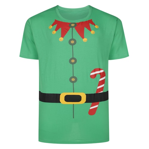 Front view of green elf print T-shirt with candy cane.
