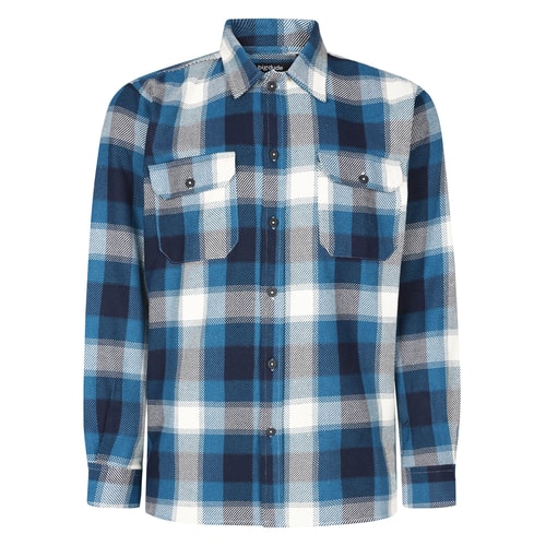 Teal check overshirt front flat view with chest pockets.
