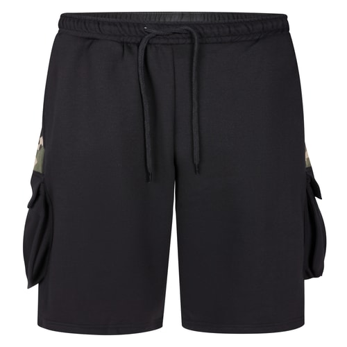 Front view of black cargo shorts with drawstring waist.
