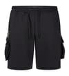 Thumbnail Front view of black cargo shorts with drawstring waist.
