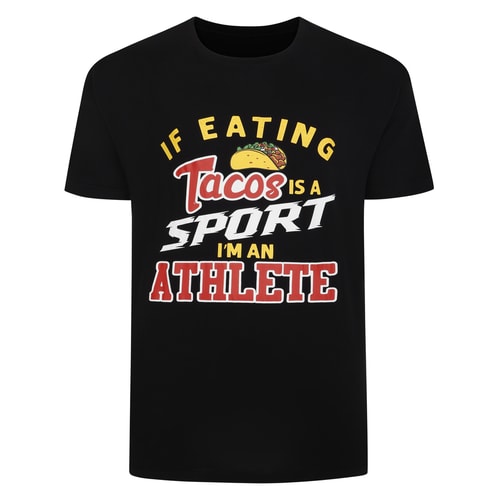 Black T-shirt with Taco sport slogan graphic, front view.